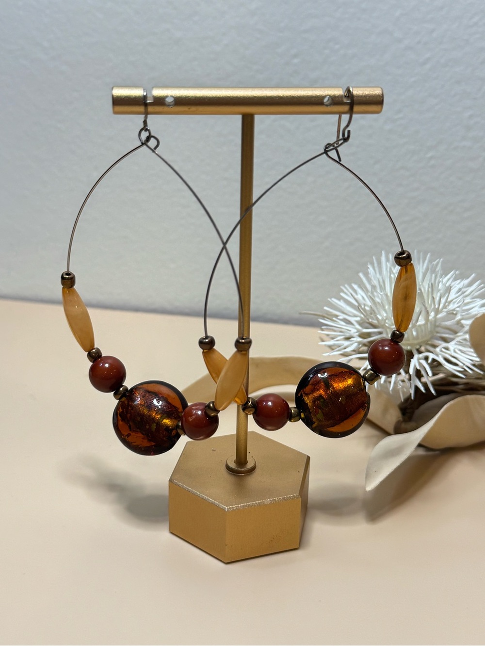 Oversized Wire Hoop Earrings Brown Amber Beaded Statement Earrings